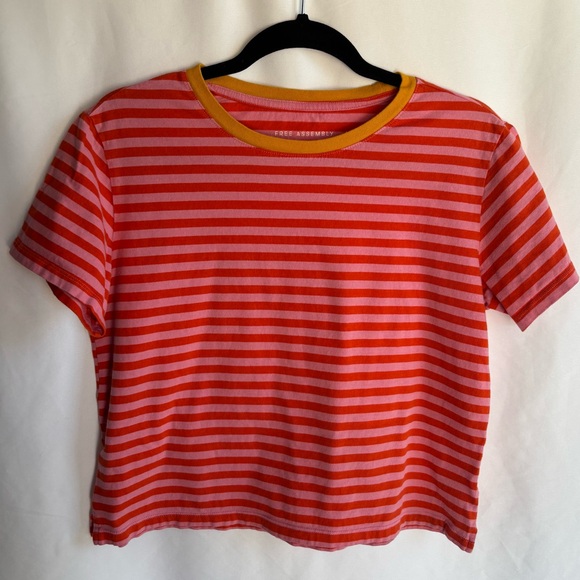 Free Assembly Tops - Free Assembly Striped Pink & Red Cropped Tee with Yellow Trim Size M